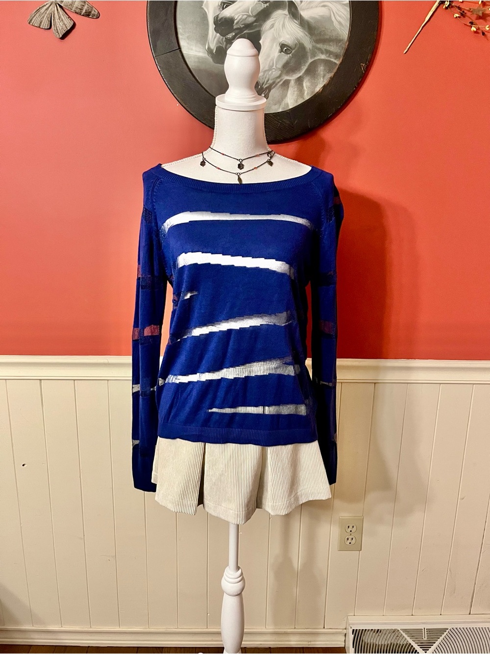 Express Blue Sheer Panel Wide Neck Sweater Size Medium